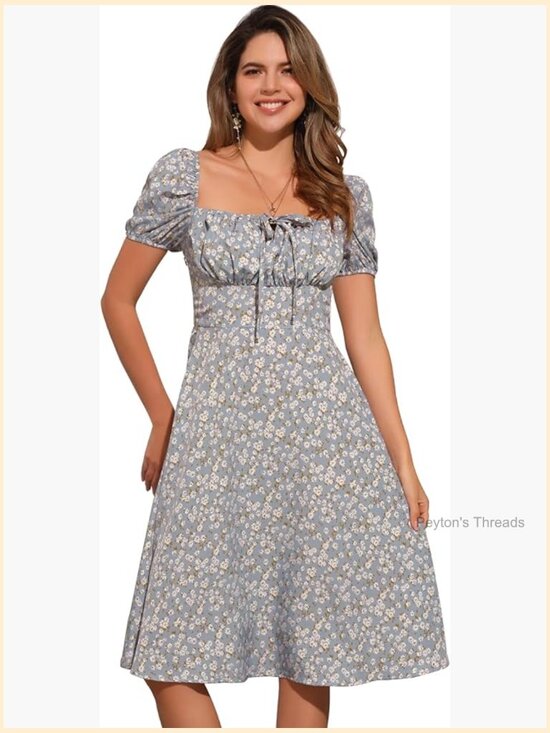 Dresses & Skirts - Square Neck Puff Sleeve Smocked Midi Dress Floral Peasant
